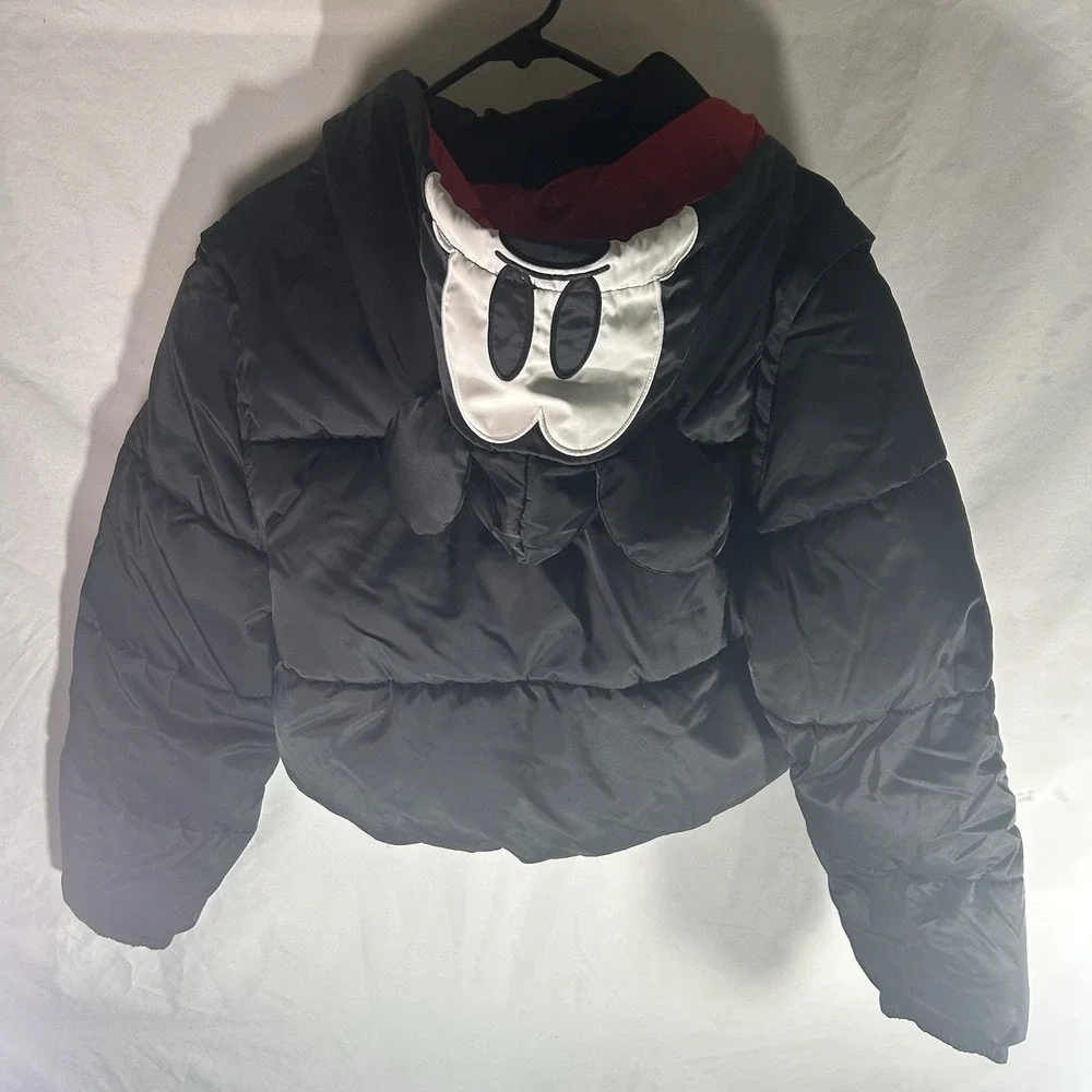 Disney Forever 21 Mickey Mouse Puffer Jacket Vest Black Red Hooded L